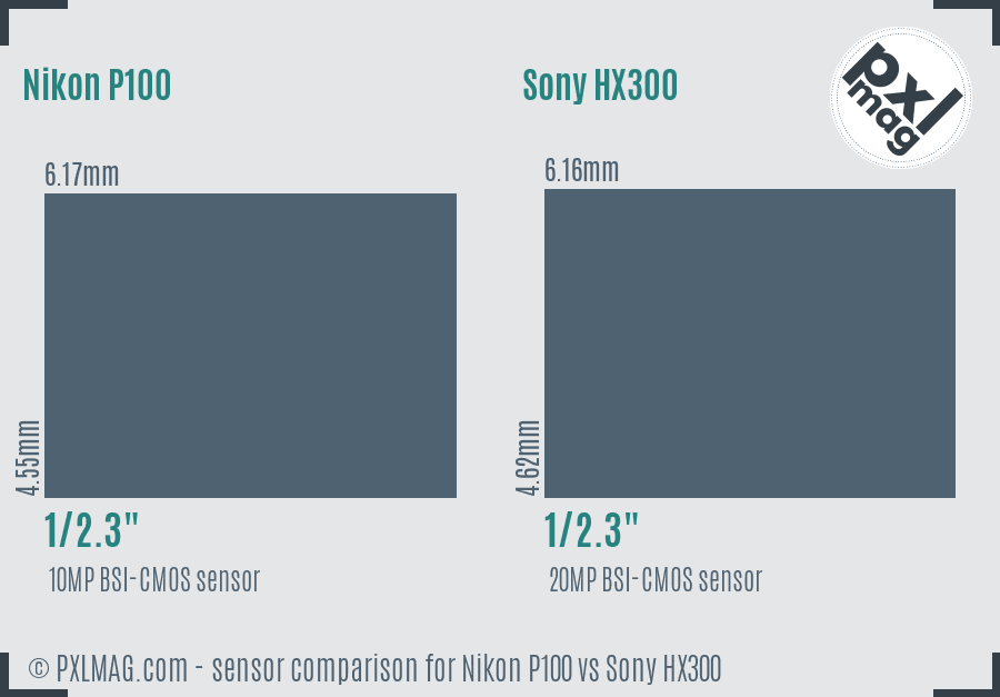 Nikon P100 vs Sony HX300 sensor size comparison