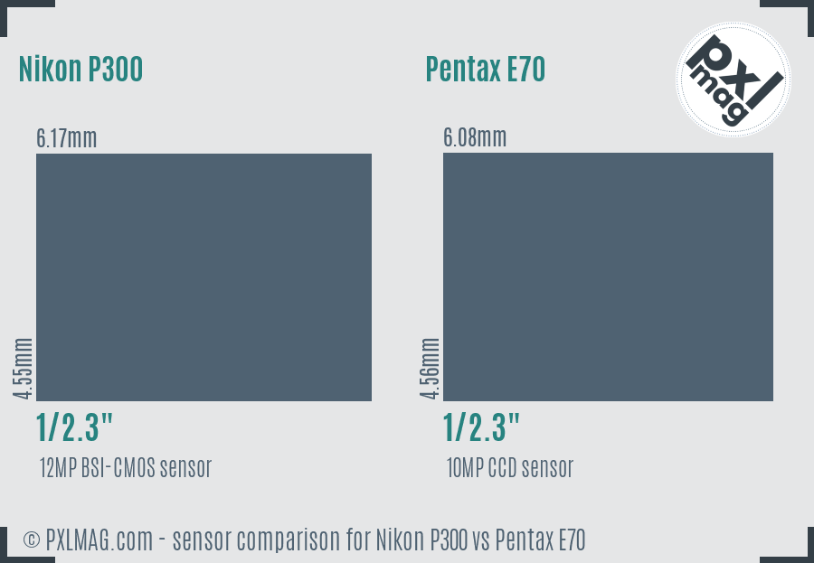 Nikon P300 vs Pentax E70 sensor size comparison