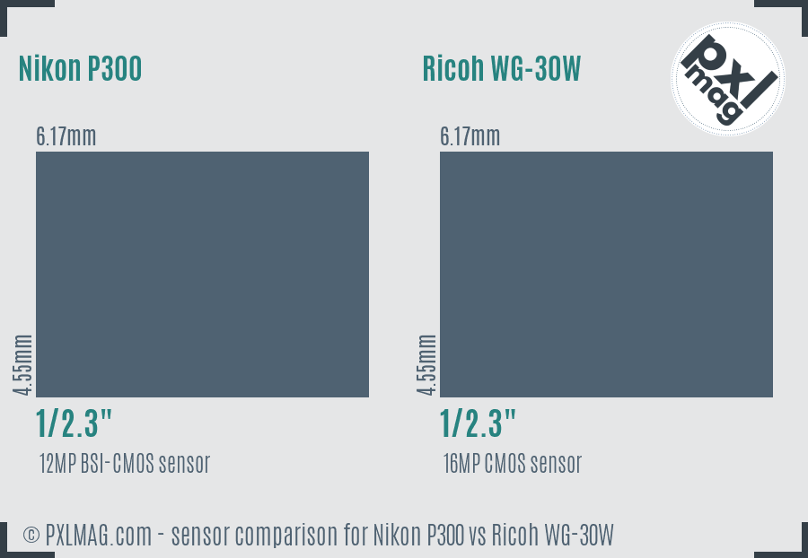 Nikon P300 vs Ricoh WG-30W sensor size comparison