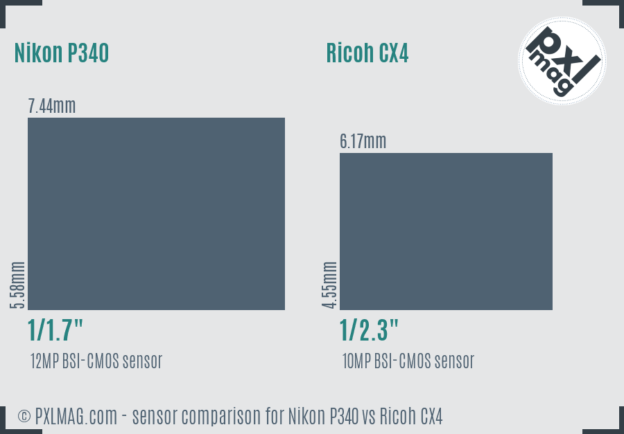 Nikon P340 vs Ricoh CX4 sensor size comparison