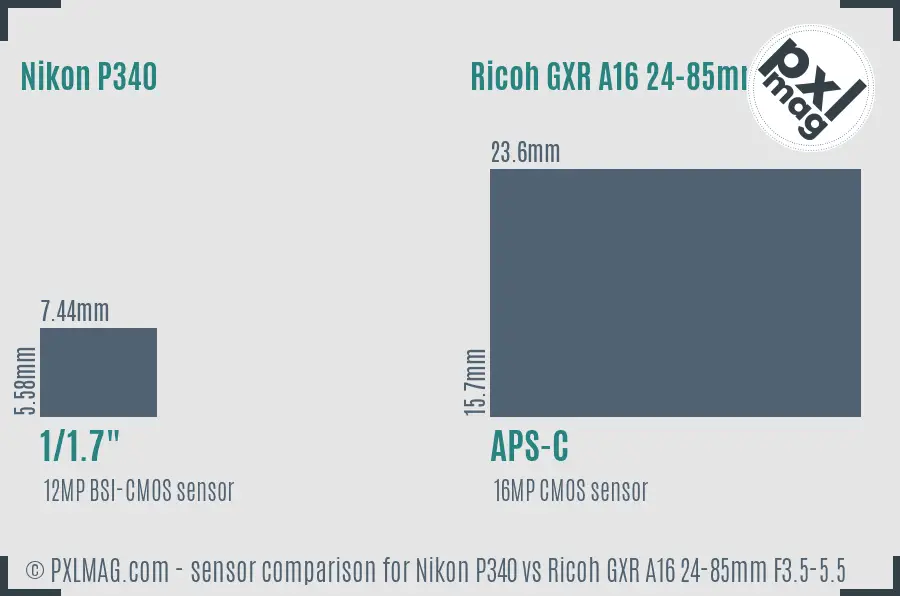 Nikon P340 vs Ricoh GXR A16 24-85mm F3.5-5.5 sensor size comparison
