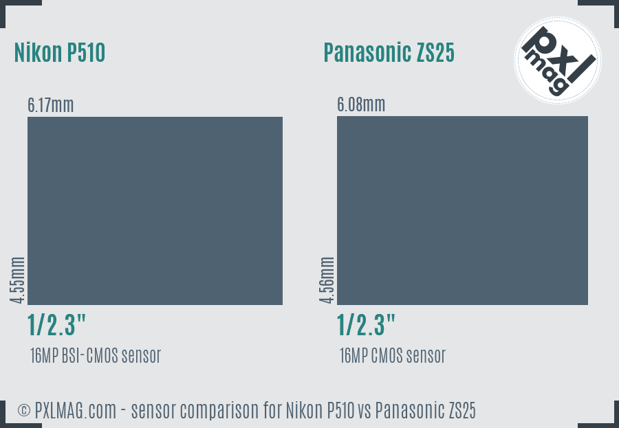 Nikon P510 vs Panasonic ZS25 sensor size comparison