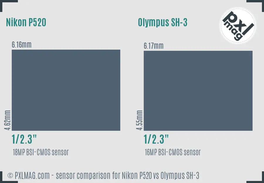 Nikon P520 vs Olympus SH-3 sensor size comparison