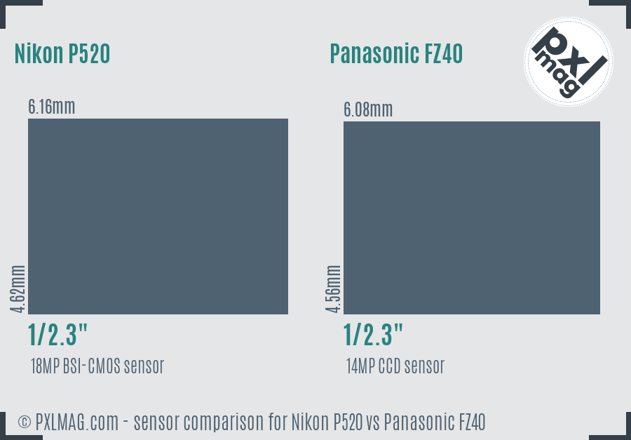 Nikon P520 vs Panasonic FZ40 sensor size comparison