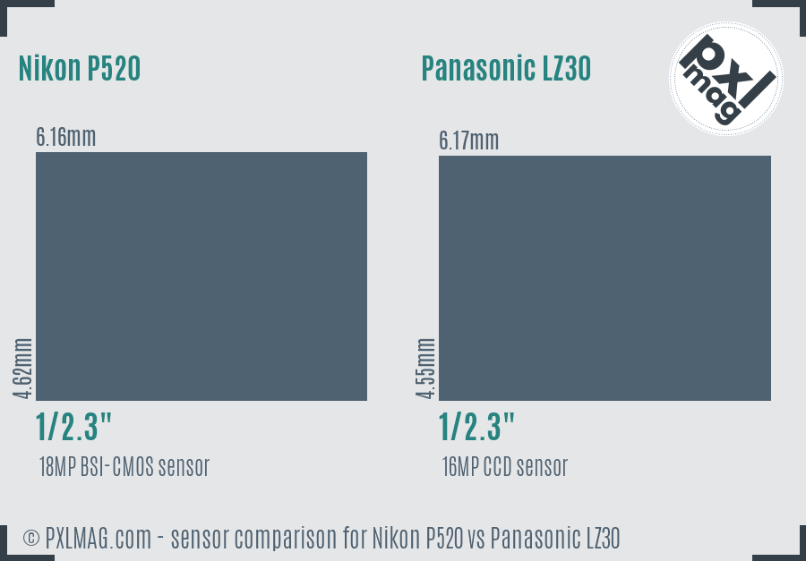 Nikon P520 vs Panasonic LZ30 sensor size comparison