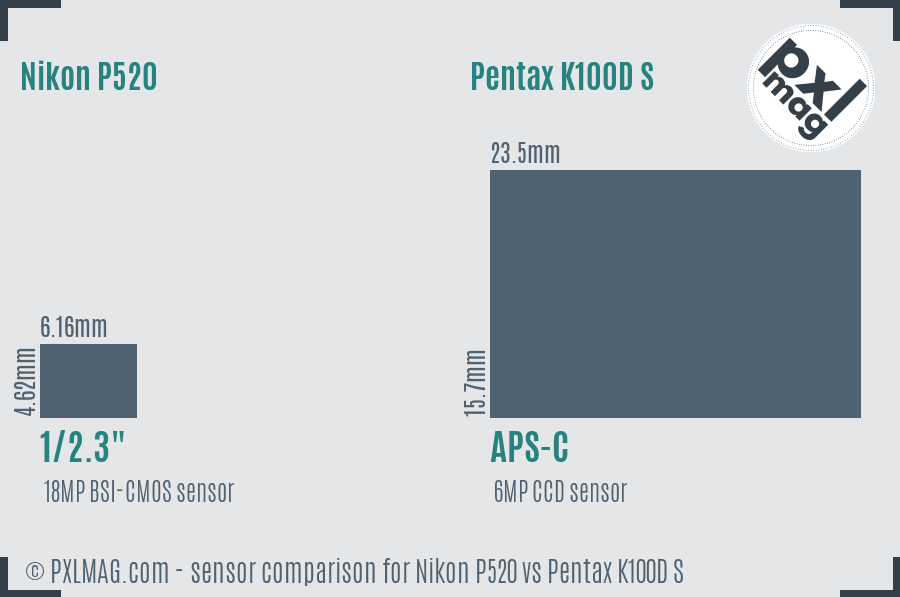 Nikon P520 vs Pentax K100D S sensor size comparison