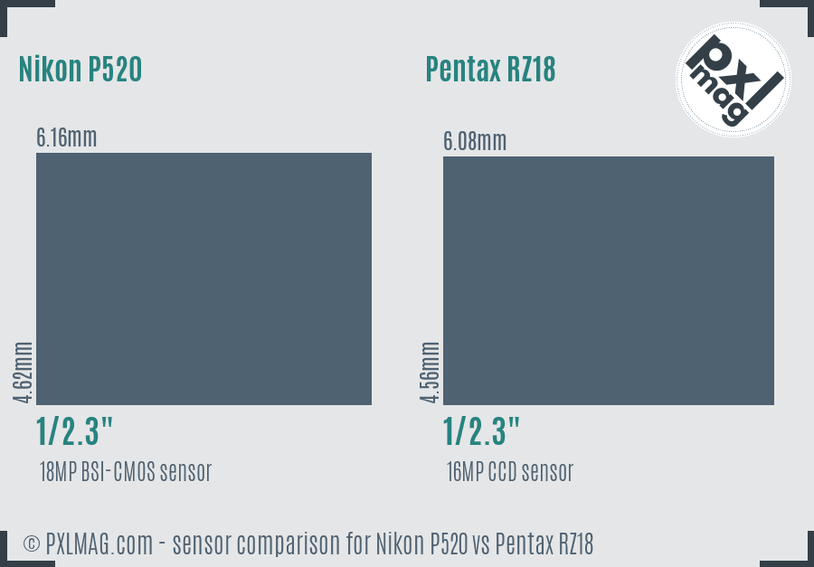 Nikon P520 vs Pentax RZ18 sensor size comparison