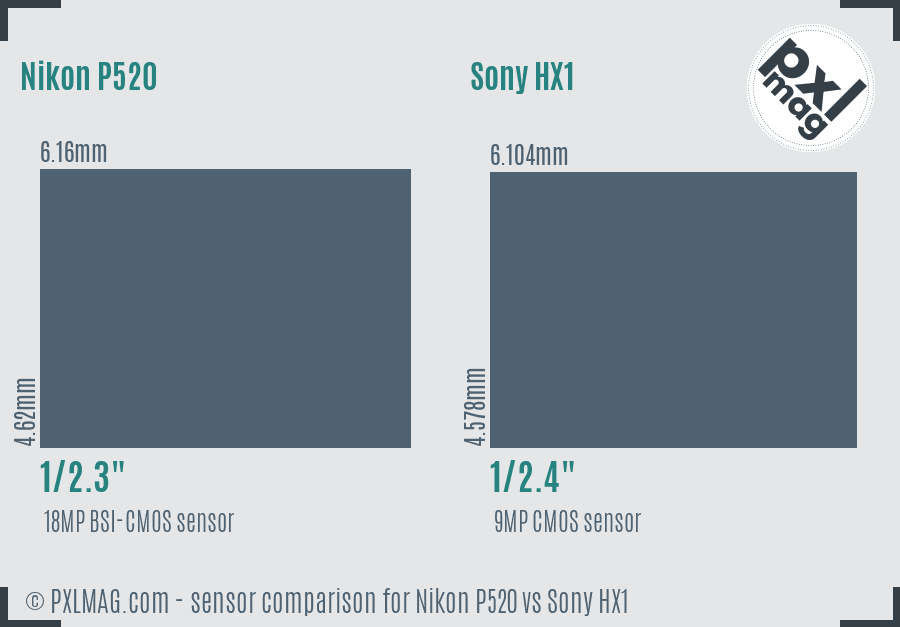 Nikon P520 vs Sony HX1 sensor size comparison