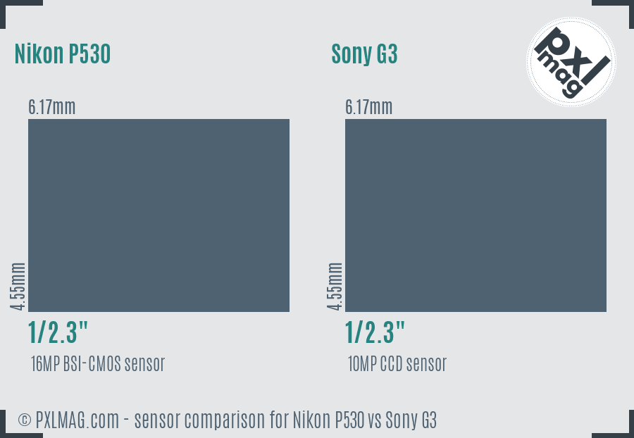 Nikon P530 vs Sony G3 sensor size comparison