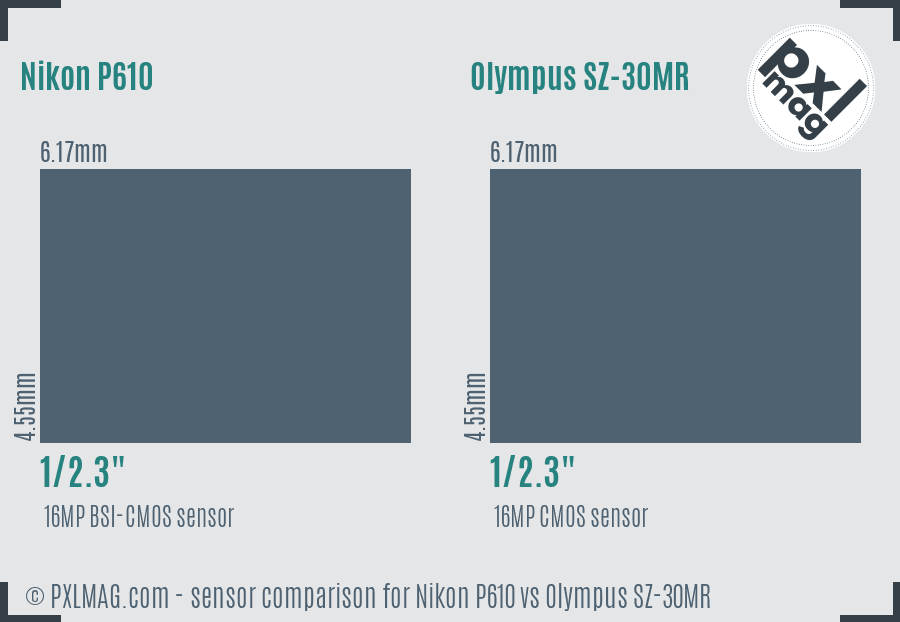 Nikon P610 vs Olympus SZ-30MR sensor size comparison