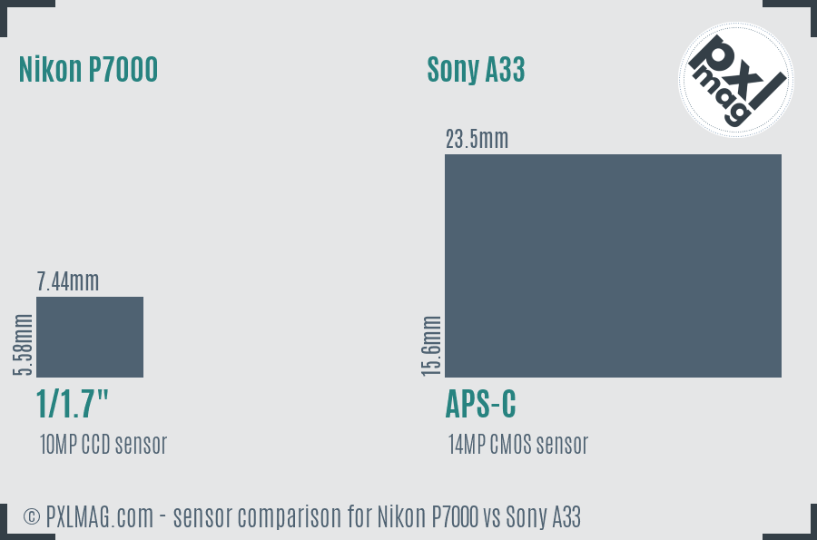 Nikon P7000 vs Sony A33 sensor size comparison