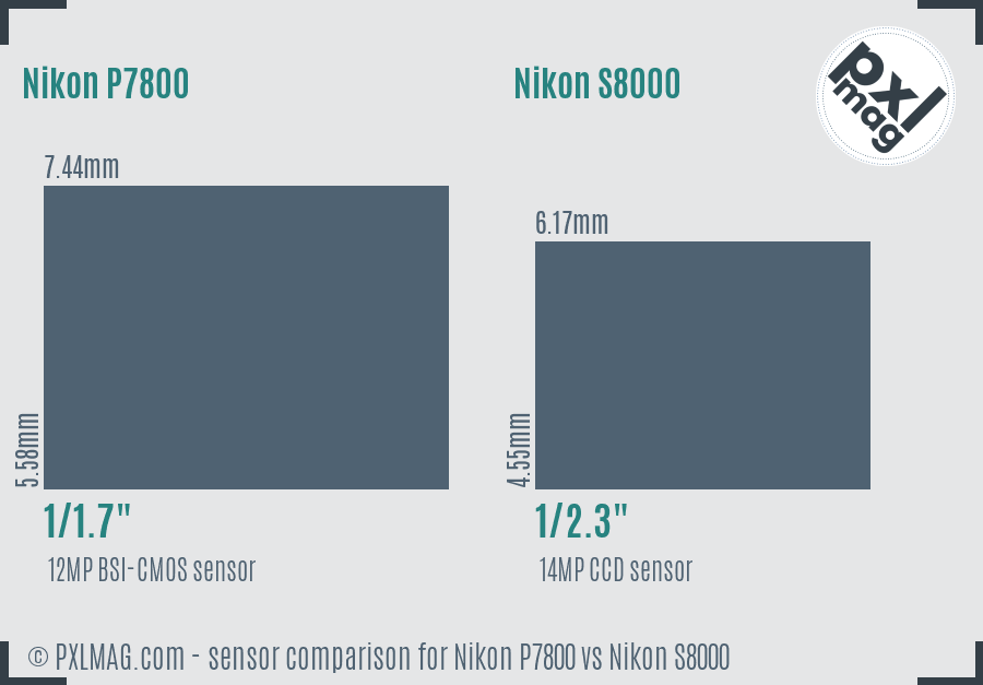 Nikon P7800 vs Nikon S8000 sensor size comparison