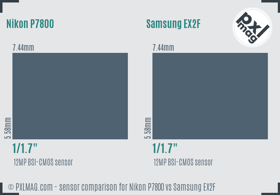 Nikon P7800 vs Samsung EX2F sensor size comparison