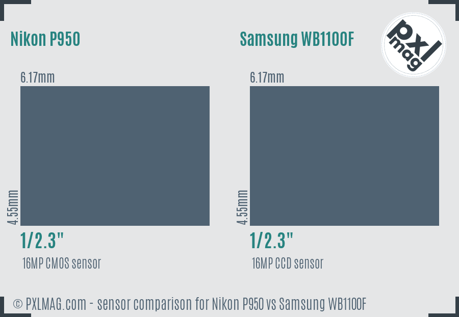 Nikon P950 vs Samsung WB1100F sensor size comparison