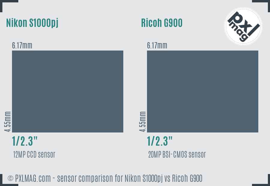 Nikon S1000pj vs Ricoh G900 sensor size comparison