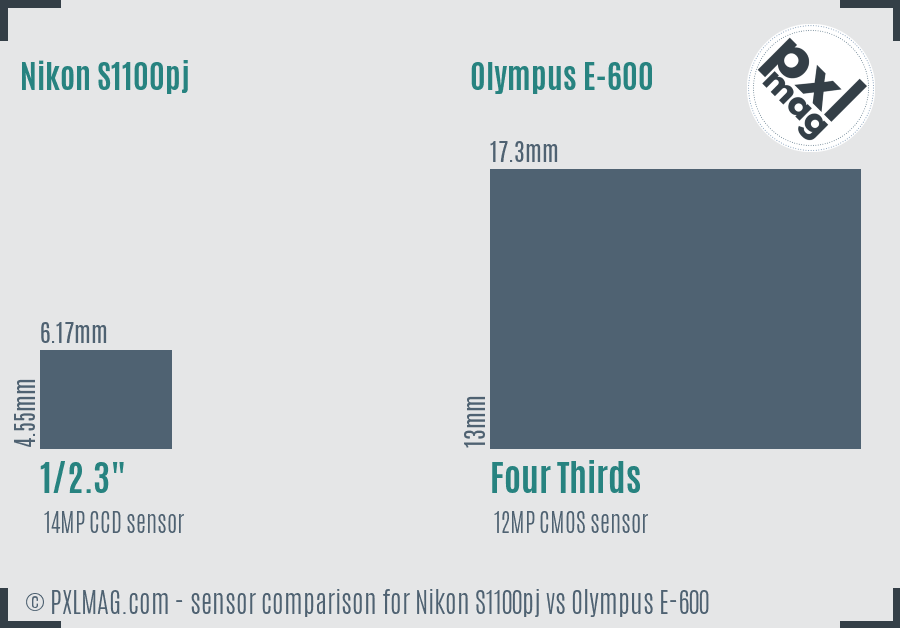 Nikon S1100pj vs Olympus E-600 sensor size comparison