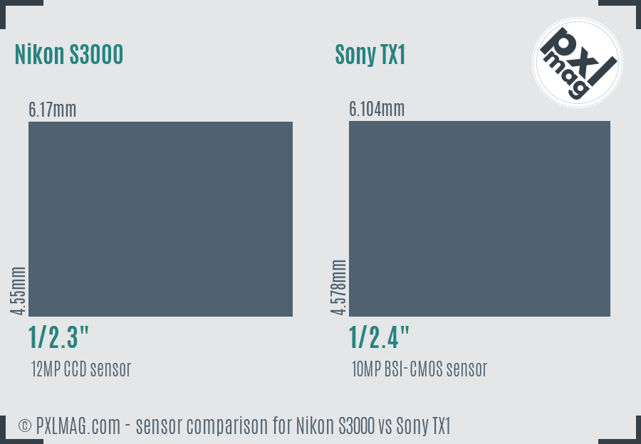 Nikon S3000 vs Sony TX1 sensor size comparison