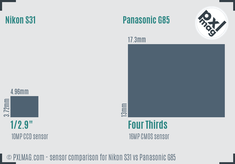Nikon S31 vs Panasonic G85 sensor size comparison