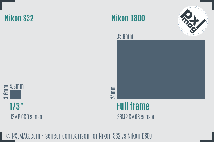 Nikon S32 vs Nikon D800 sensor size comparison