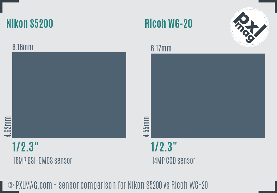 Nikon S5200 vs Ricoh WG-20 sensor size comparison