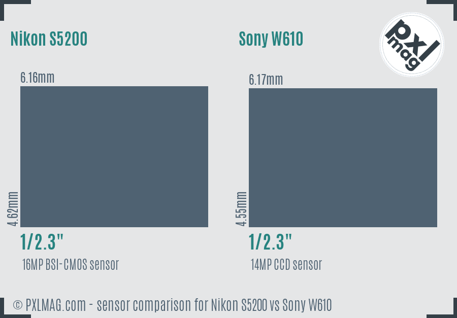 Nikon S5200 vs Sony W610 sensor size comparison