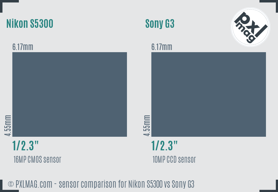 Nikon S5300 vs Sony G3 sensor size comparison