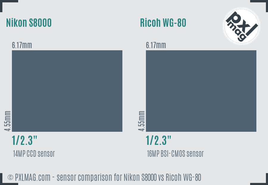 Nikon S8000 vs Ricoh WG-80 sensor size comparison