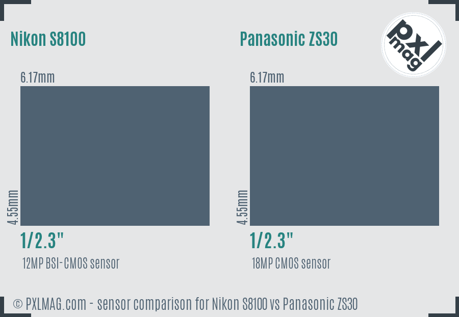 Nikon S8100 vs Panasonic ZS30 sensor size comparison