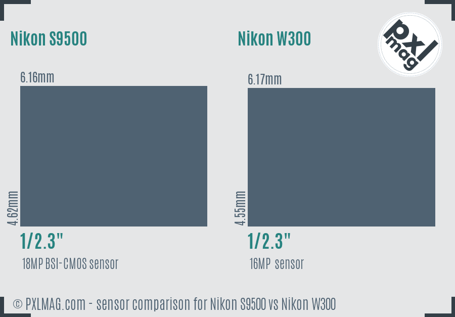 Nikon S9500 vs Nikon W300 sensor size comparison
