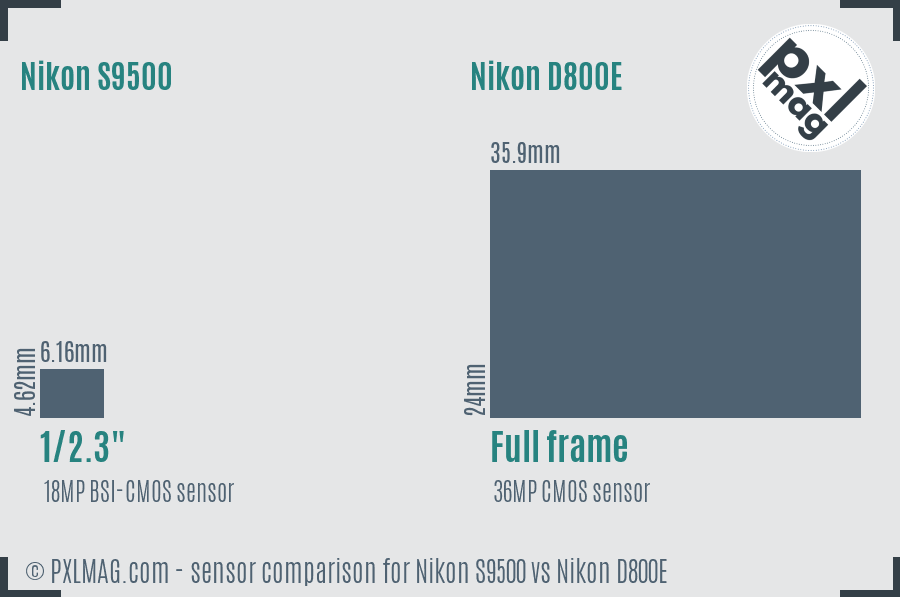 Nikon S9500 vs Nikon D800E sensor size comparison