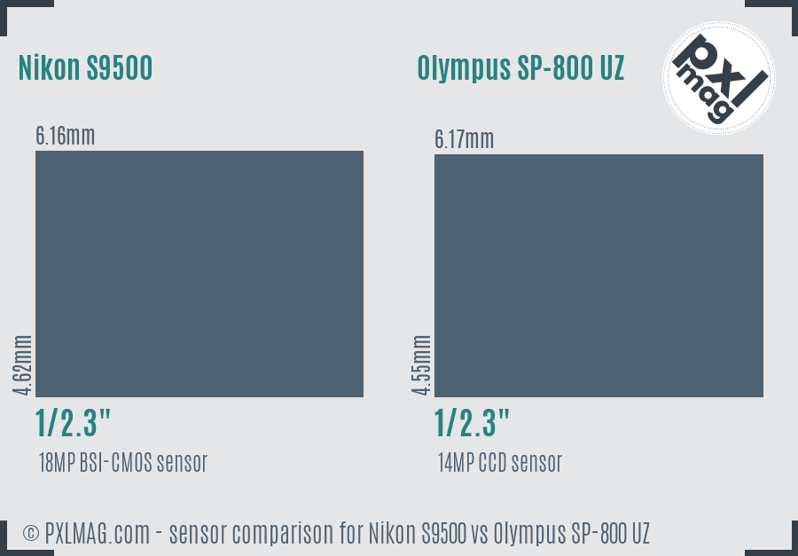 Nikon S9500 vs Olympus SP-800 UZ sensor size comparison
