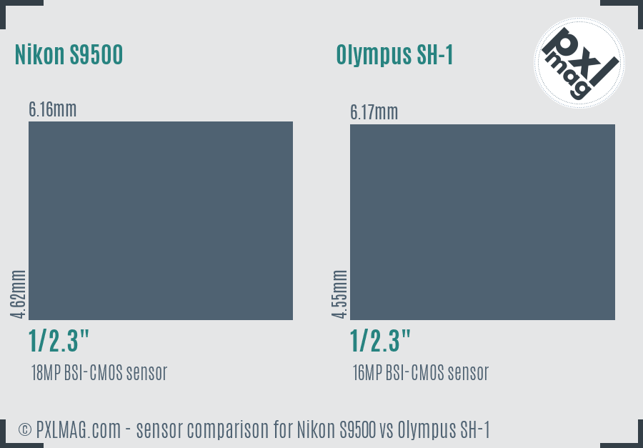 Nikon S9500 vs Olympus SH-1 sensor size comparison