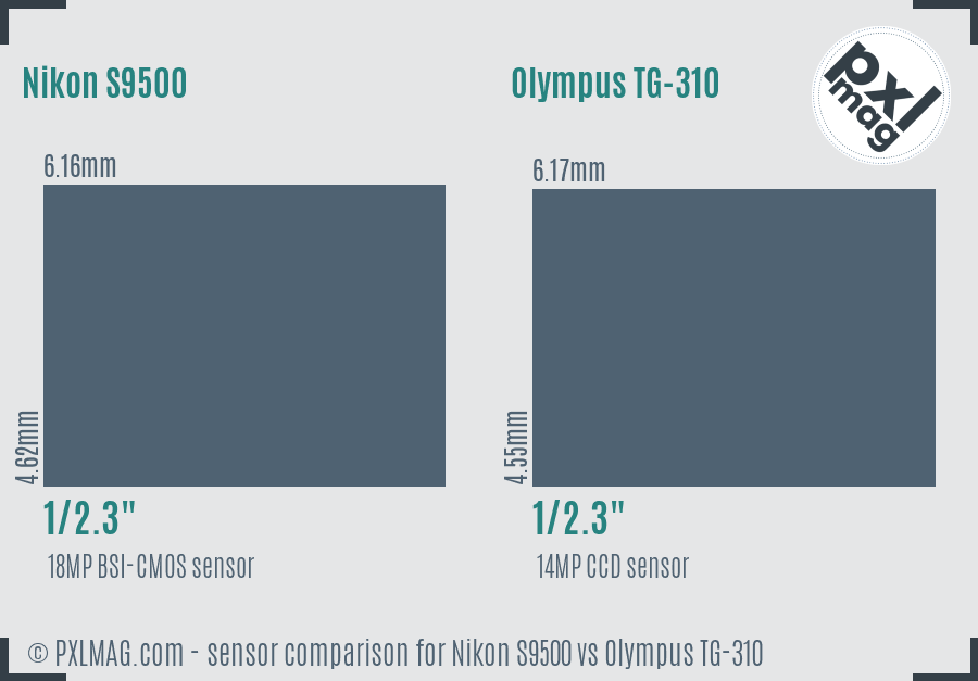 Nikon S9500 vs Olympus TG-310 sensor size comparison