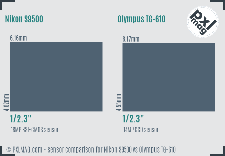 Nikon S9500 vs Olympus TG-610 sensor size comparison