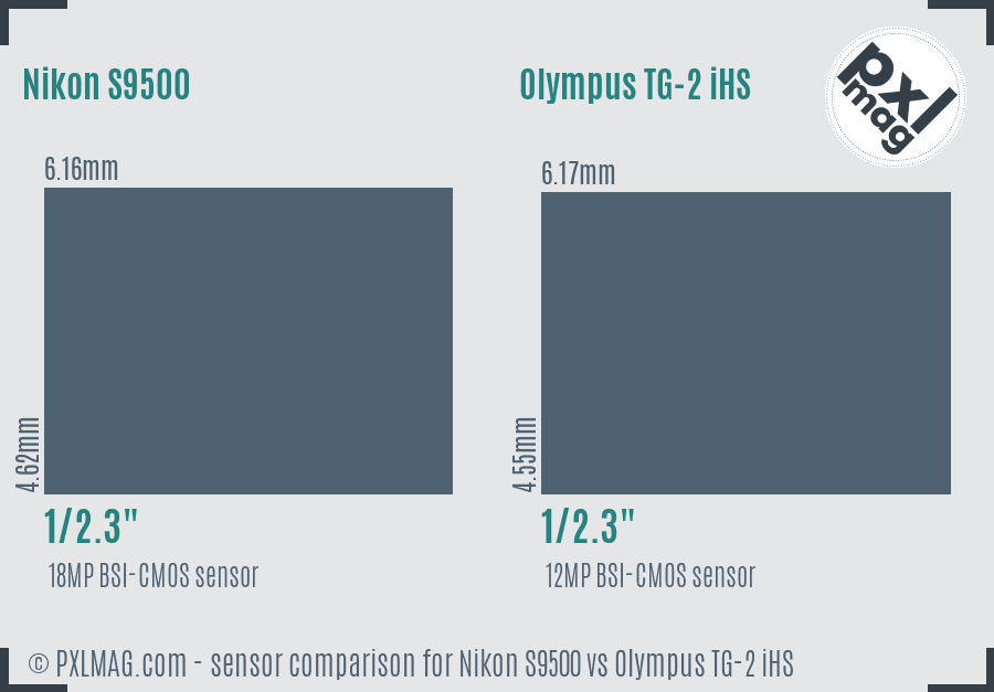 Nikon S9500 vs Olympus TG-2 iHS sensor size comparison