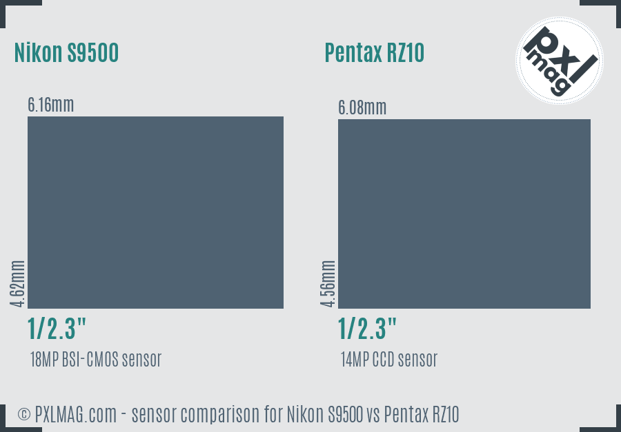 Nikon S9500 vs Pentax RZ10 sensor size comparison