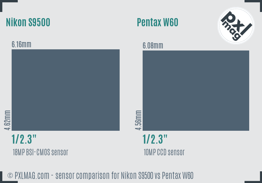 Nikon S9500 vs Pentax W60 sensor size comparison Nikon S9500 vs Pentax W60 sensor size comparison
