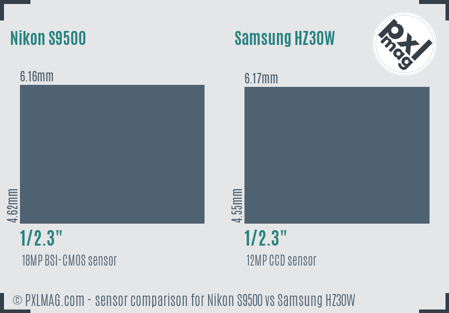Nikon S9500 vs Samsung HZ30W sensor size comparison