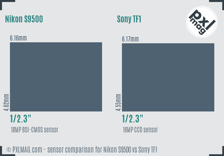 Nikon S9500 vs Sony TF1 sensor size comparison