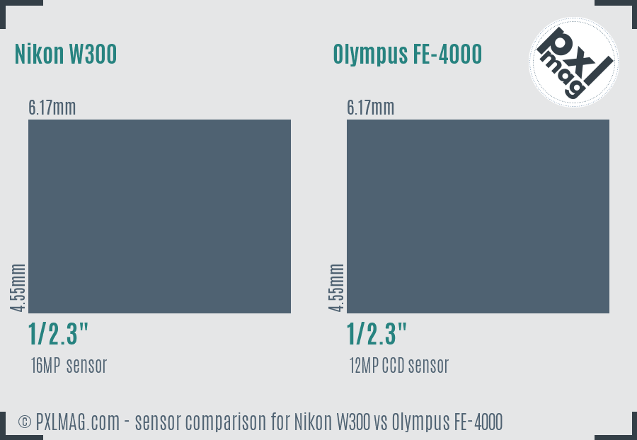 Nikon W300 vs Olympus FE-4000 sensor size comparison