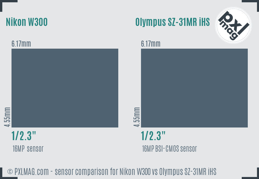 Nikon W300 vs Olympus SZ-31MR iHS sensor size comparison