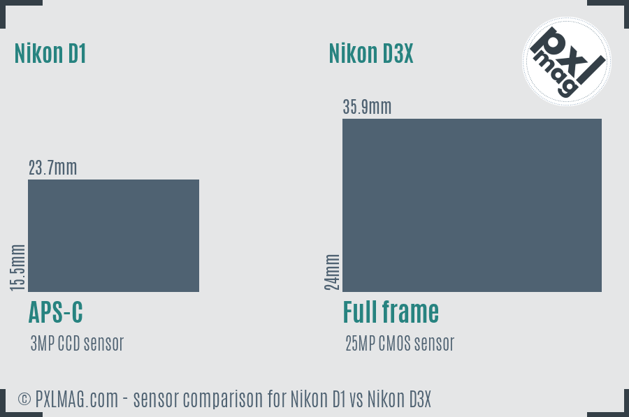 Nikon D1 vs Nikon D3X sensor size comparison