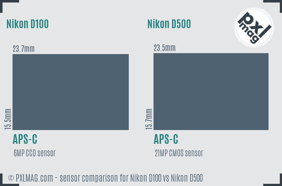 Nikon D100 vs Nikon D500 sensor size comparison