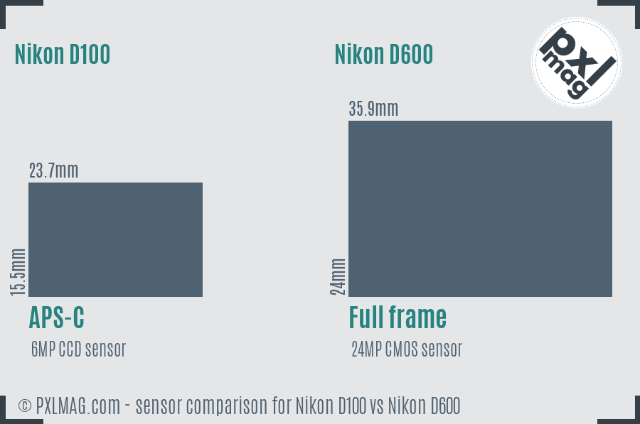 Nikon D100 vs Nikon D600 sensor size comparison