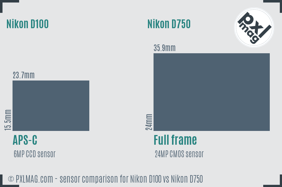 Nikon D100 vs Nikon D750 sensor size comparison