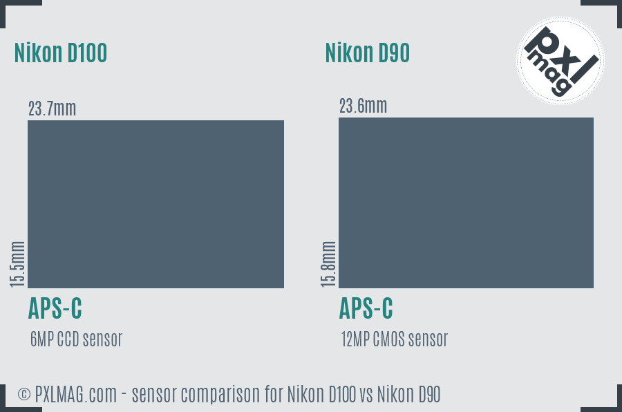 Nikon D100 vs Nikon D90 sensor size comparison