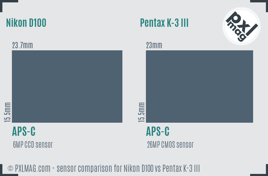 Nikon D100 vs Pentax K-3 III sensor size comparison