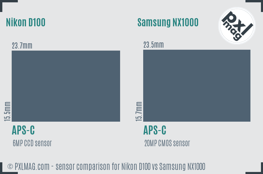 Nikon D100 vs Samsung NX1000 sensor size comparison