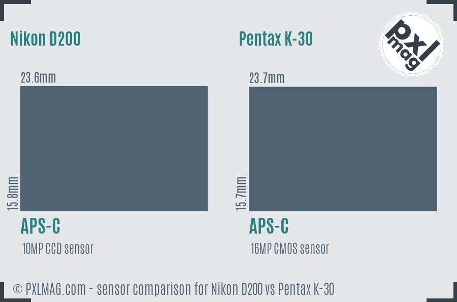 Nikon D200 vs Pentax K-30 sensor size comparison