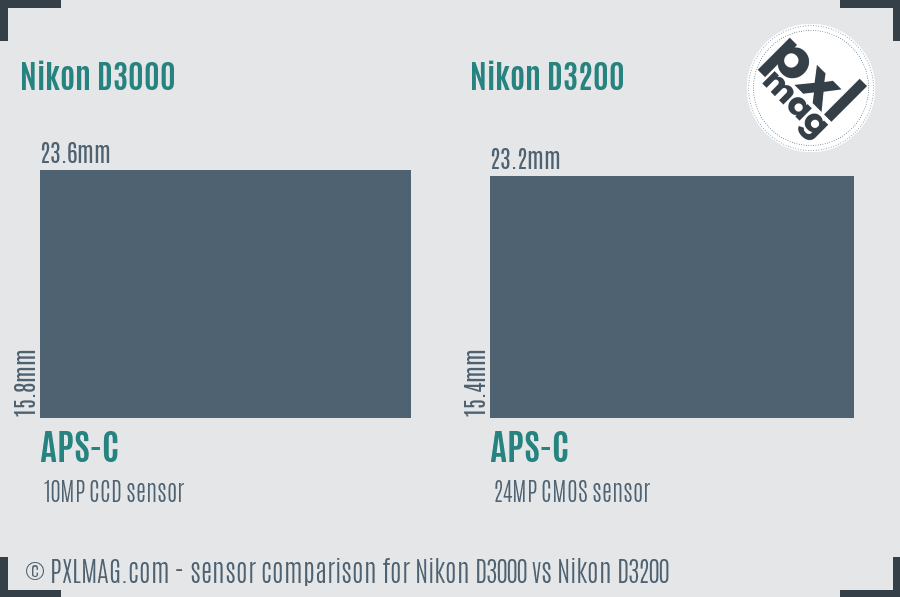 Nikon D3000 vs Nikon D3200 sensor size comparison